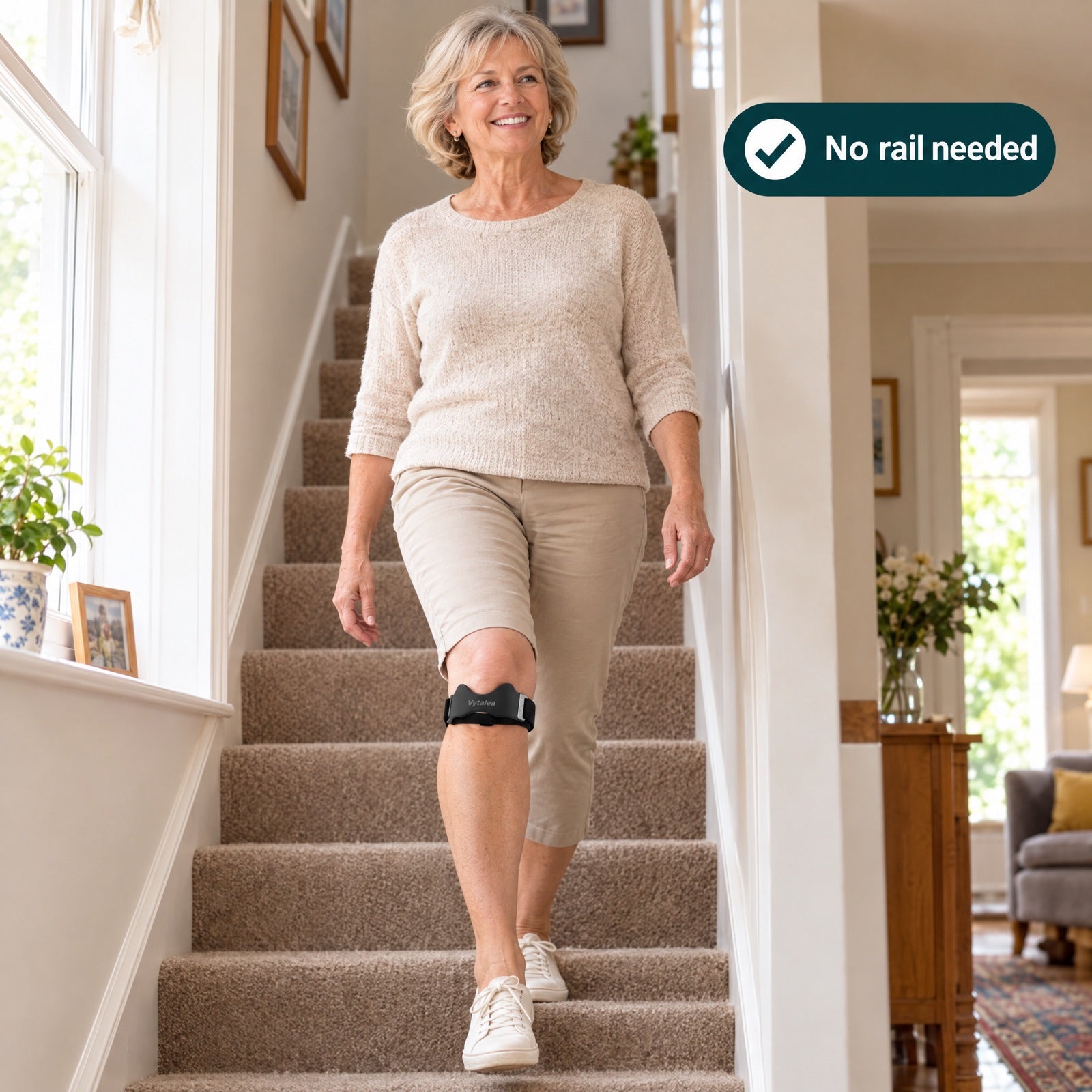 Woman walking downstairs without holding the rail