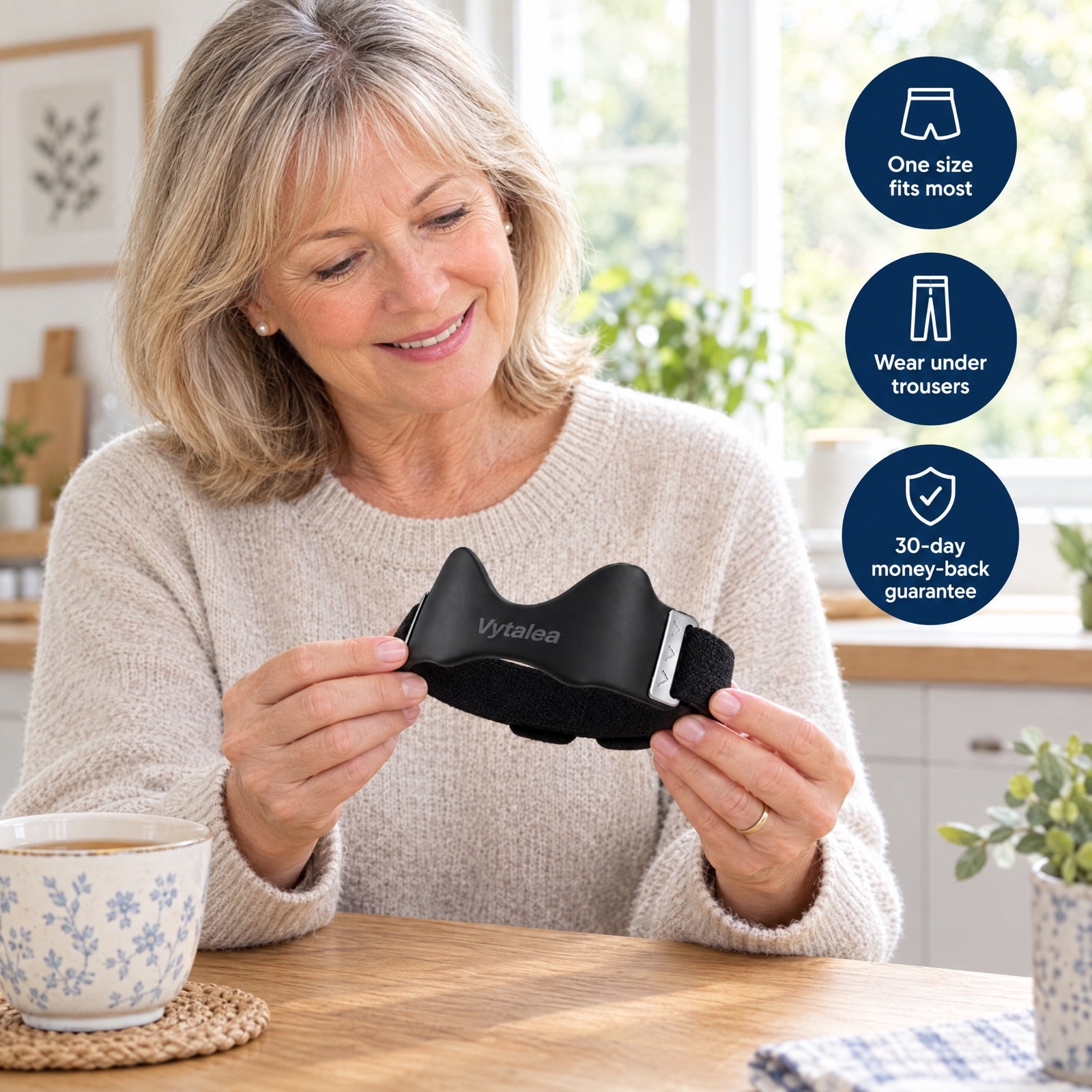 Woman holding the Vytalea knee strap at her kitchen table