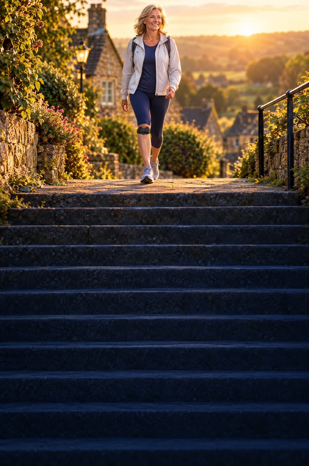 Couple in their sixties walking up village steps, wearing the Vytalea knee strap